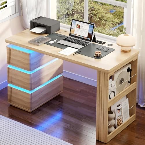 Vlsrka 47.2" Home Office Desk with 3 Drawers, Computer Desk with LED Lights