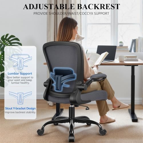 FelixKing Office Chair, Ergonomic Desk Chair Breathable Mesh Chairs Adjustable High Back Lumbar Support Flip-up Armrests, Executive Rolling Swivel Comfy Computer Chairs Home Office Dark Gray