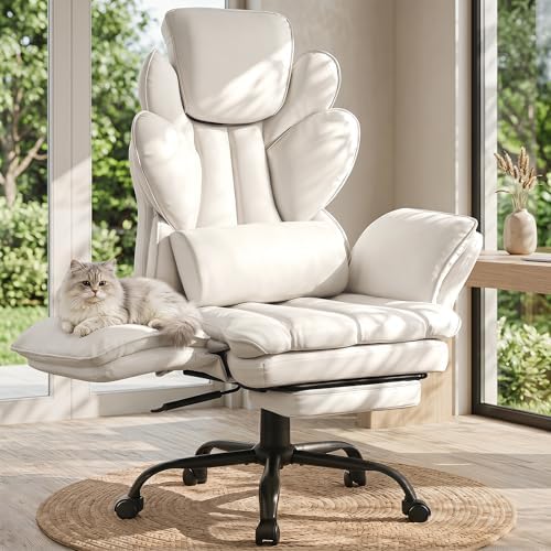 Flip Armrests Criss Cross Office Chair, Reclining Office Chair with Foot Rest, Adjustable Headrest, Massage Waist Pillow, Cross Legged Big and Tall Desk Chair Wide Seat Vanity Chair, White PU Leather