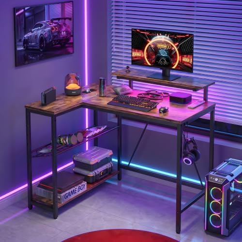 Bestier 42-Inch L-Shaped Gaming Desk with Charging & LED, Rustic Brown