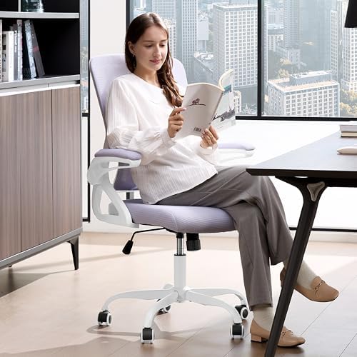 Ergonomic Office Chair,Mesh Office Chair with Lumbar Support,Mid Back Desk Chair with Flip-up Arms,400 lbs Comfy Computer Chair for Home Office (Pale Purple White)