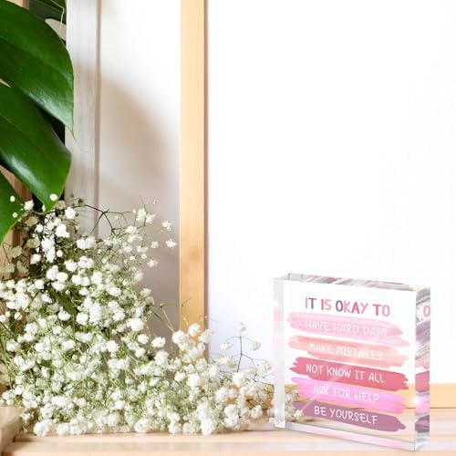 Mental Health Decor - Pink Office Decor Ornaments Teacher Desk - Inspirational Gifts For Women - Mental Health Present Positivity Recovery Self Care Encourage Gifts (4x4 inches)