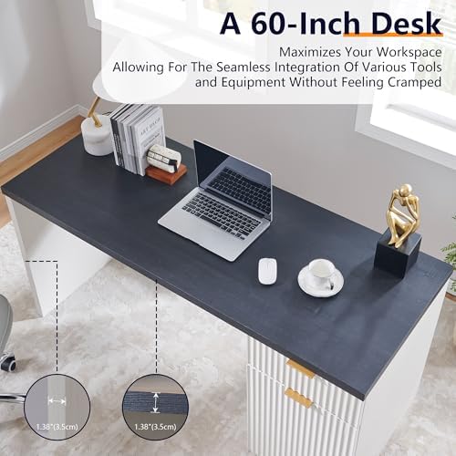 60" Fluted Home Office Desk, Reversible Left‑Right Cabinet, Built‑in Outlet