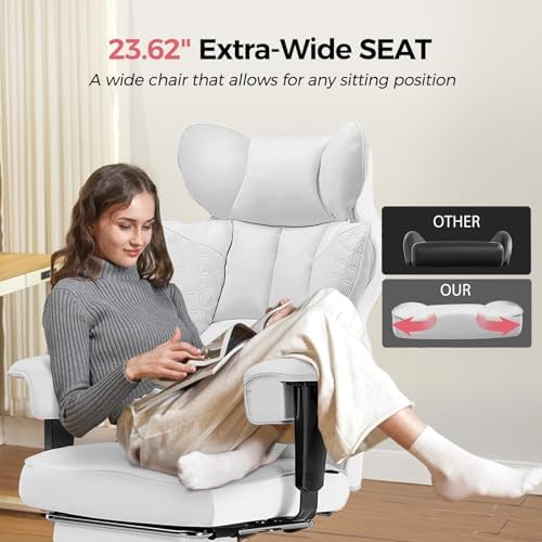 GTPLAYER Big and Tall Gaming Chair 400lbs Heavy Duty Office Chair with Foot Rest & Ergonomic Pocket Spring Lumbar Support, High Back 3D Saddle Shaped Cushion for Back Pain Relief, White