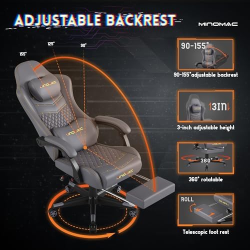 Gaming Chair,Big and Tall Gaming Chair 400lbs Office Chair with Footrest, 90-155° Recline & Removable Headrest Lumbar Support[Spring + 4D Sponge](Grey)