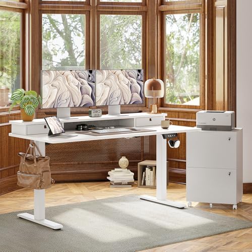 TIQLAB Standing Desk with Two Drawers, Stand Up Standing Desk Adjustable Height, Electric Sit Stand Table with Storage Shelf and Splice Board, 63 * 24 inch, White