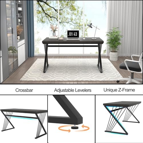 FOLUBAN Modern Home Office Desk, Rustic Wood and Metal Computer Desk, Writing Study Gaming Table PC Desks for Living Room Bedroom, Industrial Dark Gray, 53 inch