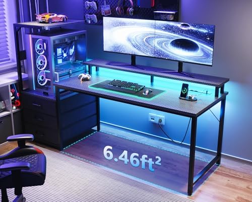 AODK 63 inch Gaming Desk with PC Display Stand, Reversible Steel Wood Computer Desk for Gaming Setup, Tiered Design to Show Off Your PC Tower & Accessories, Black
