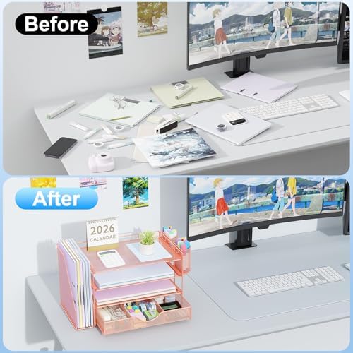 gianotter Desk Organizers and Accessories with File Holder, 4-Tier Desk Accessories & Workspace Organizers with Drawer and 2 Pen Holder, Paper Organizer for Office Supplies (Rose Gold)