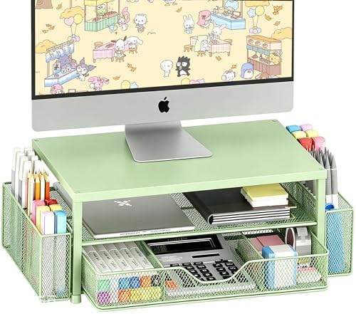 OPNICE Desk Organizers and Accessories, Computer Monitor Stand Riser with Drawer and 2 Pen Holders, Printer & Laptop Stand, Office Desk Accessories & Workspace Organizers for Home Office Supplies, Green