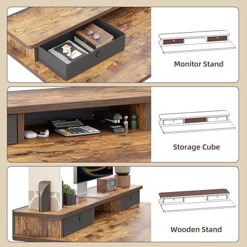 TIQLAB Standing Desk with Two Drawers, Stand Up Standing Desk Adjustable Height, Electric Sit Stand Table with Storage Shelf and Splice Board, 63 * 24 inch, Rustic Brown