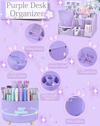 Purple Desk Accessories and Organizers with Desk Organizer and 360°Rotating Pen Holder stapler Pen and a Lot of Office Purple Office Supplies Beautifully Presented in a Gift Box