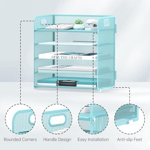 2 Pack 5-Tier Blue Desk Organizer with Handle Mesh Desk File/Paper Organizer Letter Tray for Office, School and Home Easy Installation