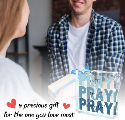 Religious Gifts for Women - Pray on it Pray over it Pray through it Acrylic Sign Decorative for Home Office Pastor Farmhouse Living Room Church Table Desk Bookshelf Decoration (Blue)
