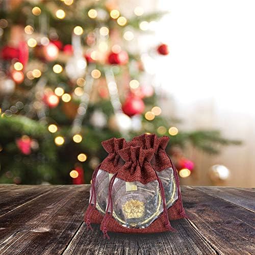 12-Pack Small Linen Burlap & Organza Gift Bags w. Drawstrings (3.5x5.5 in, Maroon) - Party Favors, Presents, Samples & Treats Mesh Pouch by The Display Guys
