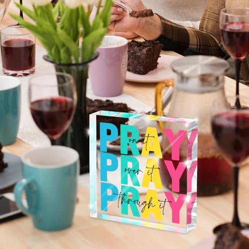 Multicolor Dorm Room Decor for Women, Office Decor for Women, Christian Gifts Desk Bedroom Bible Verse, Desk Decorations for Office, Pray on It Over It Through It, 4 x 4 inch
