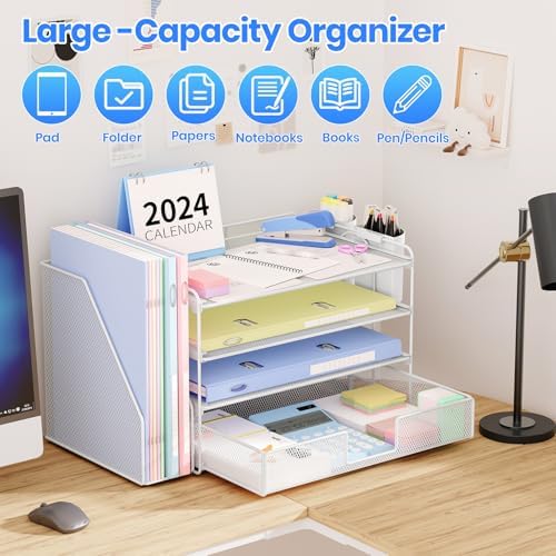 OPNICE Desk Organizer, 4-Tier Desktop File Organizer with Drawer and Pen Holders, Office Desk Accessories, File Sorters, Workspace Organizers for Office Supplies(White)