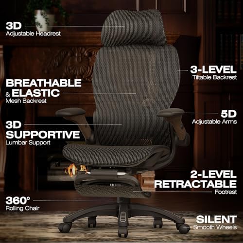 ELABEST X100 Ergonomic Mesh Office Chair with Footrest, Big and Tall Home Desk Chair with 5D Flip-Up Arms, Adjustable 3D Lumbar Support, Gaming & Executive Computer Chair (Library Oak)
