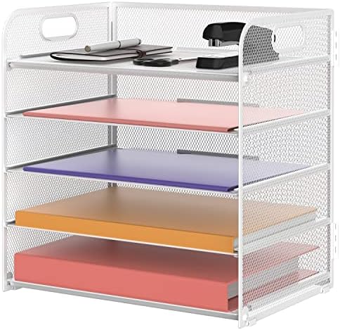 Supeasy 5 Trays Paper Organizer Letter Tray with Handle-Mesh Desk File Holders, Paper Sorter Desk Organizer for Office, Home, Classroom or School, White