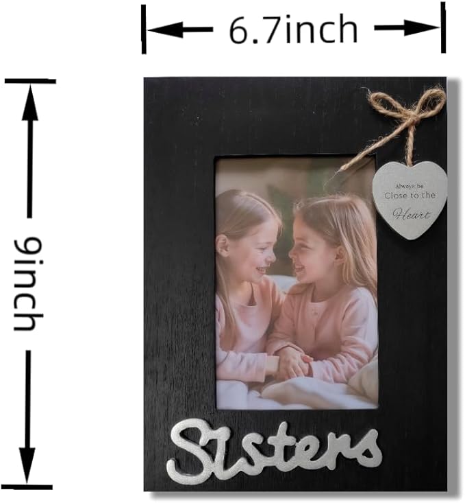 Sisters Picture Frame, Black Heart Photo Frame for Sisters and Girls 4x6 Vertical