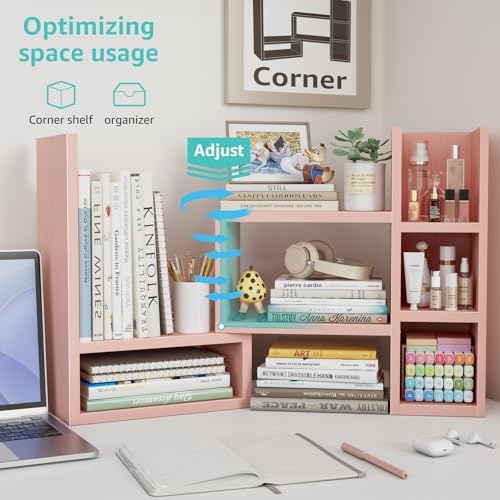 NUTIKAS Desk Shelves Desktop Organizer Shlef - Pink Office Organization for Top of Desk Organizers and Accessories Corner Bookshelf Table Top Shelving Small Hutch Decorations for Office