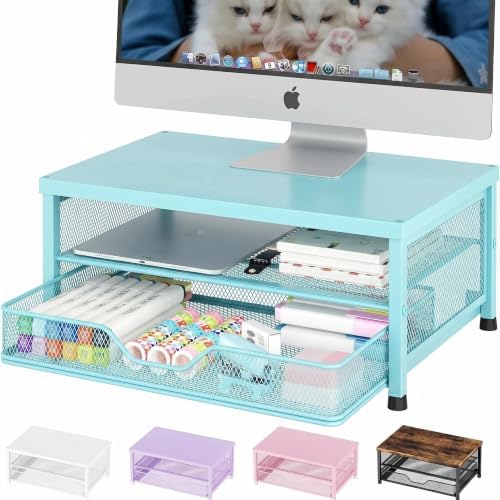OPNICE Computer Monitor Stand Riser, Desk Organizer with Drawer, Printer & Laptop Stand, Office Desk Accessories & Workspace Desktop Organizers Storage for Office Supplies(Blue)