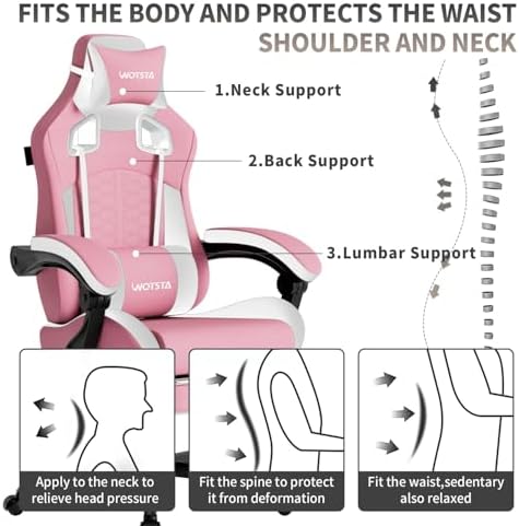 Gaming Chair with Massage,Ergonomic PC Gaming Chair with Footrest Comfortable Headrest and Lumbar Support,High Back Game Chair PVC Leather,300LBS (Pink)