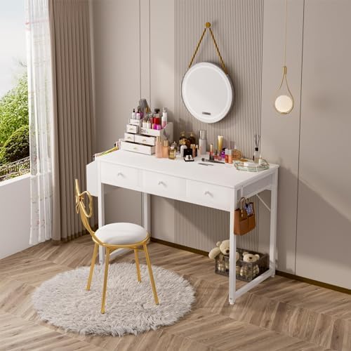 Lufeiya Small White Computer Desk with Drawers for Home Office Bedroom, 40 Inch Vanity Desk with Fabric Drawer Storage and Side Pouch, Study Writing Table, White