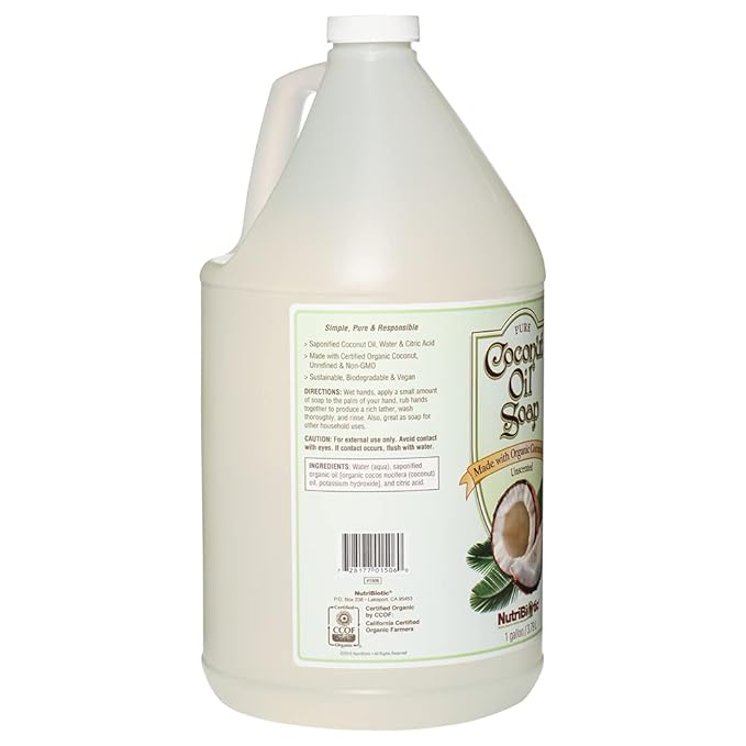 NutriBiotic – Pure Coconut Oil Soap, Unscented, 1 Gallon | Certified Organic, Unrefined, Biodegradable, Vegan & Made without GMOs, Gluten, Parabens Or Sulfates | Rich, Cleansing Lather
