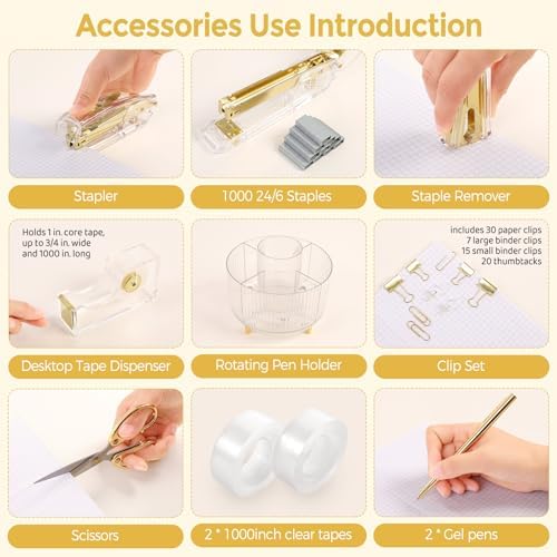 SKYDUE Gold Office Supplies Set with Pencil Holder for Desk