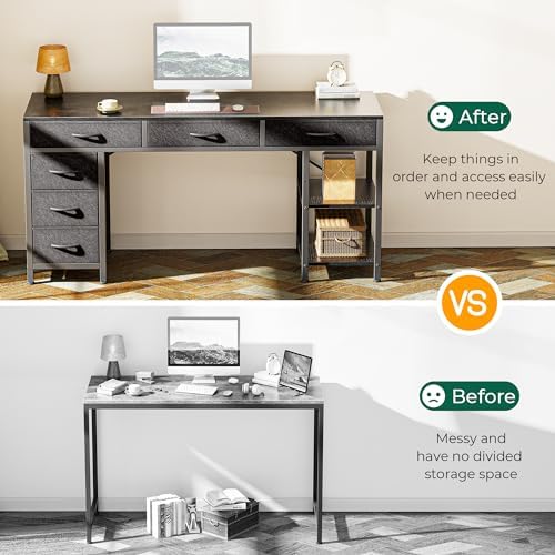 Huuger Computer Desk with 6 Drawers, Office Desk with Shelves, Reversible Gaming Desk, Corner Desk with Storage, Work for Home Office, Study, Living Room, 54inch, Black