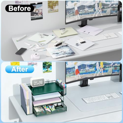 gianotter Wood Desk Organizers and Accessories with File Holder, 4-Tier Desk Accessories & Workspace Organizers with Drawer and 2 Pen Holder, Desk Reference Organizer (Green, 4T with Metal Drawer)