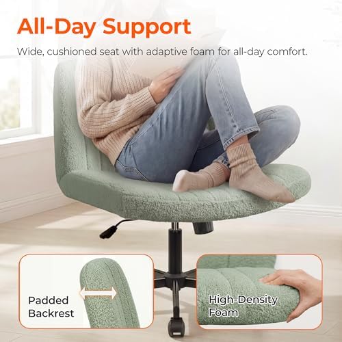 Orange Factory Criss Cross Chair with Wheels, Wide Vanity Seat, Green Teddy