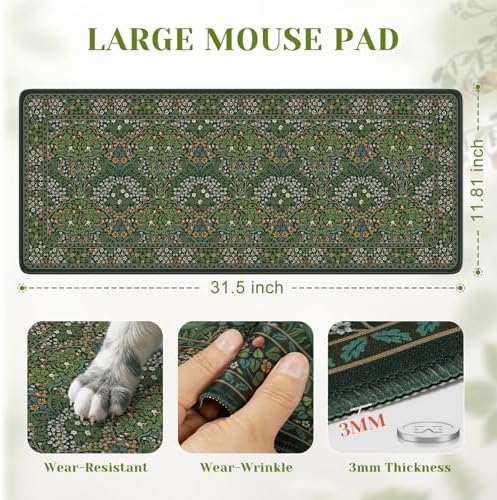 iCasso Aesthetic Floral Desk Mat, 31.5x11.8in Mouse Pads, Retro Green