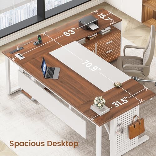 SEDETA 71" Executive Desk with Rolling File Cabinet, Large Office Desk with Drawers, L Shaped Computer Desk with Power Outlets, CPU Stand, Pegboard and Storage Shelves, White