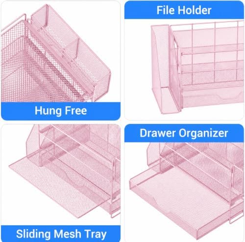 OPNICE Desk Organizers and Accessories, 4-Tier Desktop File Organizer with Drawer and Pen Holders, Office Desk Accessories Workspace Organizers for Office Supplies (Soft Pink)