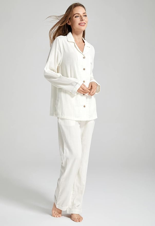 Womens Pajama Sets 100% Double Gauze Cotton Linen Like Muslin Pajamas Long Sleeve Button Down Sleepwear Soft Pjs Lounge Set