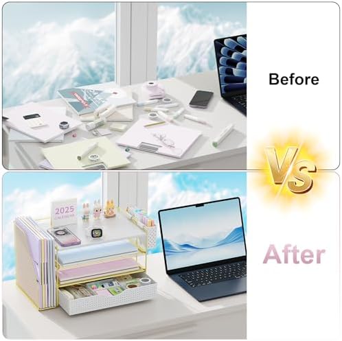 Wood Desk Organizers and Accessories with File Holder, 4-Tier Desk Accessories & Workspace Organizers with Drawer and Pen Holder, Desk Reference Organizer (Gold, 4T with Drawer)