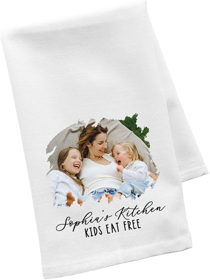 Andaz Press Personalized Kitchen Towel, Flour Sack Tea Towel, Custom Name Kitchen Gifts Custom Photo Design Kids Eat Free Birthday for Mom Daughter, Housewarming Gift, Kitchen Decor
