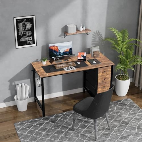 Lufeiya 47 inch Computer Desk with 4 Drawers, Reversible Writing Work Study Desk for Home Office Bedroom, Modern Simple Student PC Desks, Rustic Brown