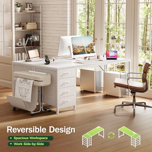 PRAISUN 63 Inch Computer Office Desk with Power Outelts and USB-C Port, Reversible Gaming Desk with 4 Fabric Drawers, Work Study Desk Work from Home, White