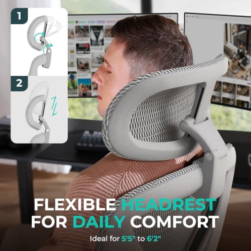 CAPOT Ergonomic Mesh Office Chair, Adjustable Lumbar High Back Desk Chair 400lbs, 4D Flip-up Arms, 3 Tilt Backrest, 3D Headrest, PU Wheels, Swivel Rolling Computer Seating for Long Desk Work - Grey