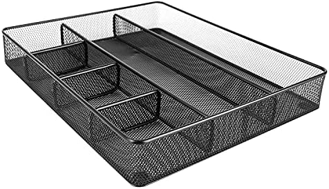 Amazon Basics Metal Mesh Desk Organizer with 6 Compartments, Anti-Slip Pen Holder Storage Tray for Office Supplies and Home, Black