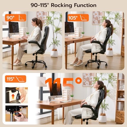 Ylzyxal Office Desk Chair, Ergonomic Computer Chair with Padded Flip-Up Arms and Adjustable Lumbar Support, PU Leather Executive Chair with Tilt Lock and 360° Swivel Rolling Wheels for Work, Study