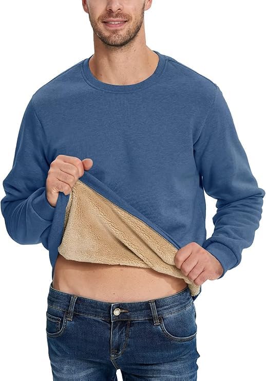 Boladeci Men's Full Sherpa Lined Crewneck Sweatshirts Heavy-weight Fleece Pullover Thick Thermal Long Sleeve Cotton