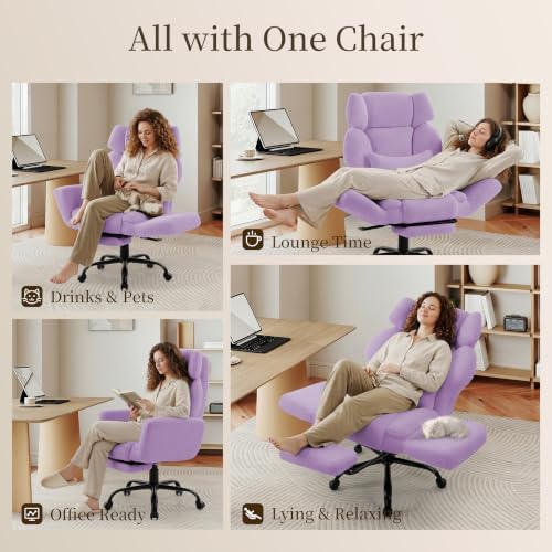 Office Chair with Flip Armrests,Comfy Criss Cross Chair for Pets Sitting,Big and Tall Office Chair with Foot Rest,Extra Wide Seat & Lumbar Pillow,Ergonomic Computer Gaming Chair,Teddy Fleece,Purple
