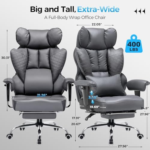 GTPLAYER Big and Tall Gaming Chair 400lbs Heavy Duty Office Chair with Foot Rest & Ergonomic Pocket Spring Lumbar Support, High Back 3D Saddle Shaped Cushion for Back Pain Relief, Grey