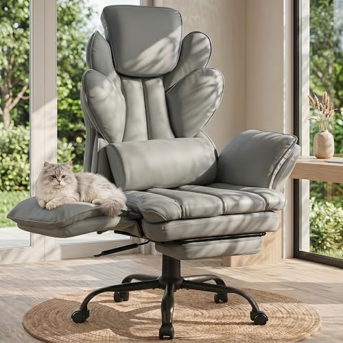 Flip Armrests Criss Cross Office Chair, Reclining Office Chair with Foot Rest, Adjustable Headrest, Massage Waist Pillow, Cross Legged Big and Tall Desk Chair Wide Seat Vanity Chair, Grey PU Leather
