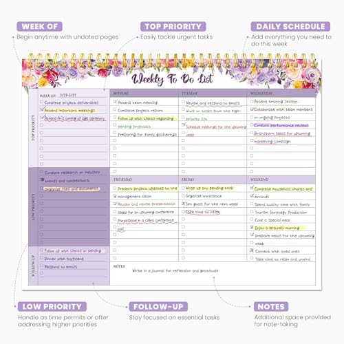 Weekly To Do List Notepad with 52 Undated Sheets（8.5"×11"）- Undated Weekly Planner Notepad for Office Desk Accessories and Supplies - Lavender Charm