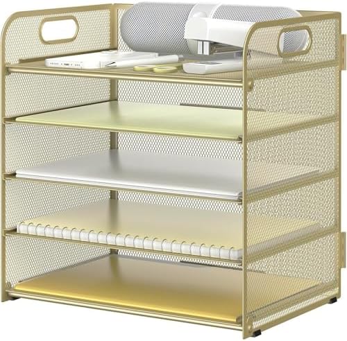 Sinboun Letter Tray Paper Organizer 5-Tier Desk Organizer File Organizer Paper Holder with Handle, Metal Desktop Document Shelf Tray Office Classroom Organization - Gold